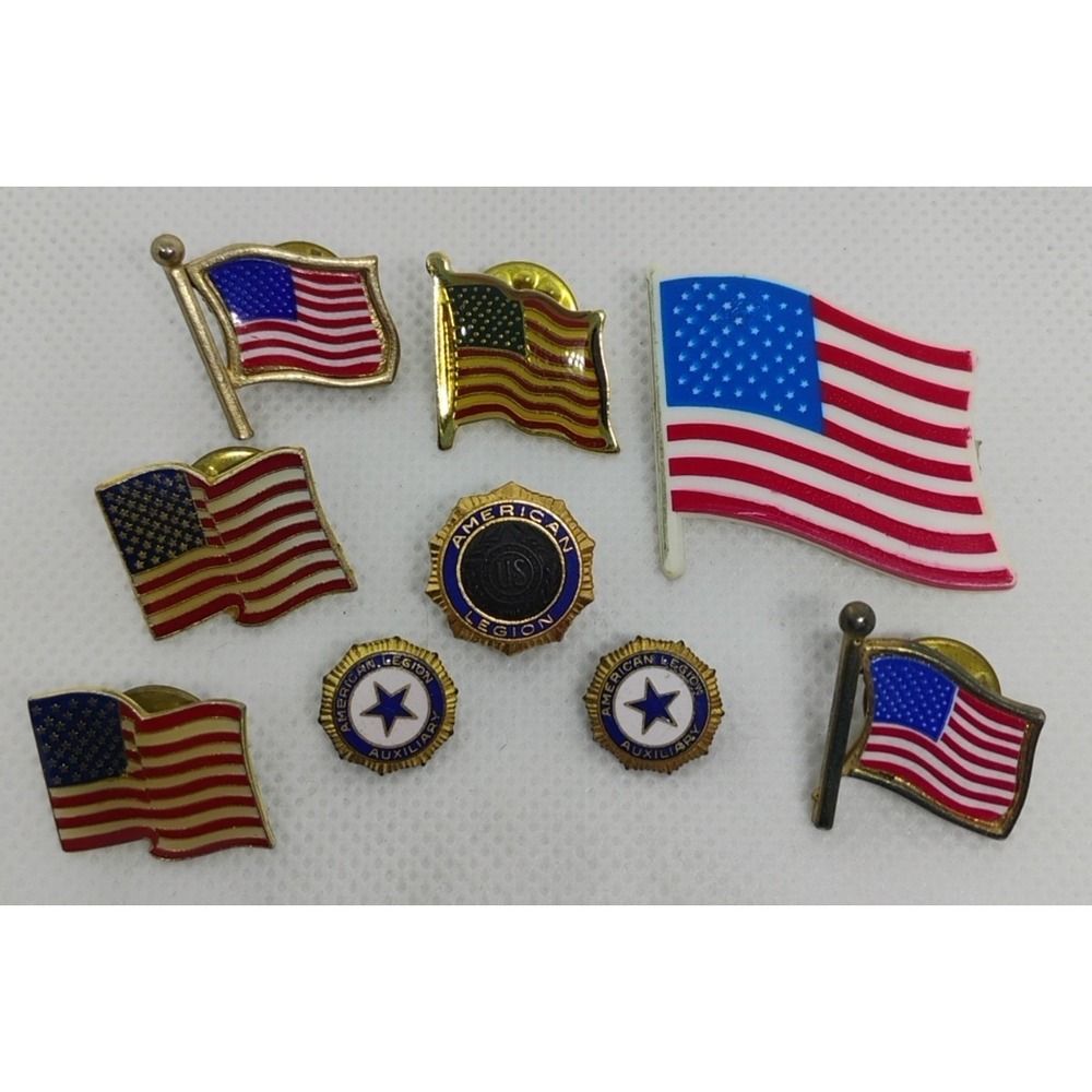 Vintage Official GP American Legion Pin 2 Auxiliary & 6 Flags Pins Hat Lapel Pin